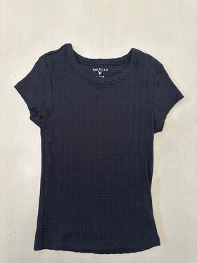 American Eagle Cropped Pointelle Ribbed Hey Baby Tee Black - XXS